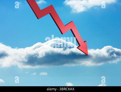 Freccia rossa rivolta verso il basso contro il cielo Foto Stock