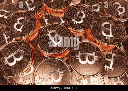 La moneta Bitcoin in rame centrale oscilla tra monete impilate nel rendering 3D, mostrando la struttura del circuito Foto Stock