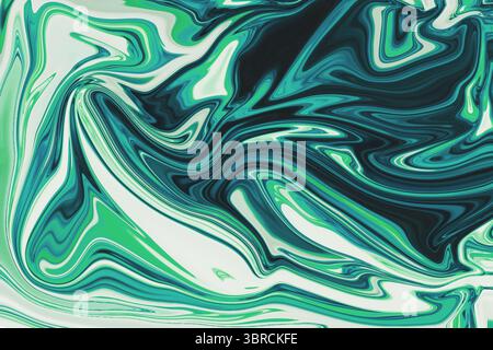 Turbolenza fluida dal design piatto che mostra la sfumatura verde verde verde verde e bianca nera che scorre su sfondo trasparente Foto Stock