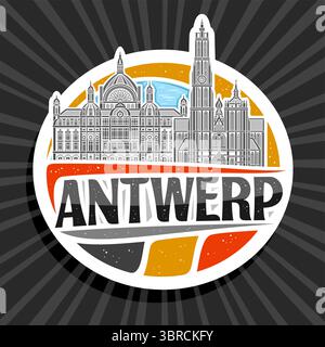 Logo vettoriale per Anversa, etichetta decorativa bianca con illustrazione del paesaggio storico della città di anversa sullo sfondo del cielo diurno, frigo art design ma Illustrazione Vettoriale