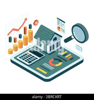 Valutazione delle risorse isometriche con analisi immobiliare e finanziaria. Valutazione delle attività e concetto di investimenti immobiliari Illustrazione Vettoriale
