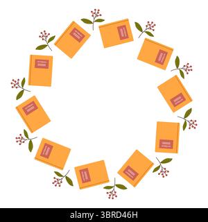 Cornice rotonda con quaderni scolastici e foglie autunnali. Illustrazione vettoriale piatta "ritorno a scuola" con penna, notebook e foglie autunnali. Illustrazione Vettoriale