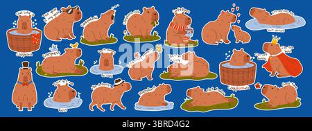 Simpatici adesivi capybara con testo. Set di roditori esotici che nuotano nello stagno, si rilassano, mangiano foglie, camminano. Illustrazione vettoriale disegnata a mano Illustrazione Vettoriale
