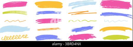 Sottolineatura a matita di carbone e linee di scrawl. Tratti di grunge ruvidi, elementi ondulati e diritti. Illustrazione vettoriale del gesso dei bambini a colori. Illustrazione Vettoriale