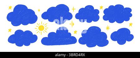 Nuvole blu pastello disegnate a mano con stelle gialle, sole. Graziosi elementi pastello Doodle Sky in stile bambini. Illustrazione vettoriale su backgroun bianco Illustrazione Vettoriale