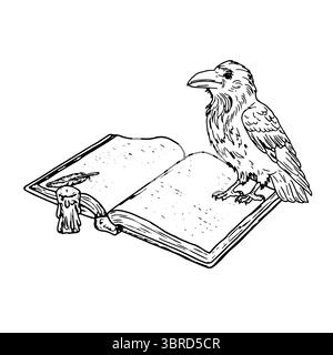 Raven siede su un libro aperto, accanto alla candela grondaiata e alla piuma d'uccello sulla pagina, schizzo in bianco e nero. Illustrazione vettoriale. Un Halloween mistico Illustrazione Vettoriale