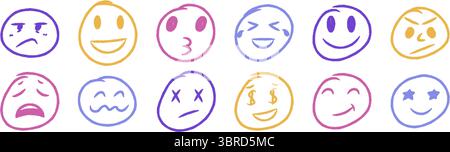 Icone del viso emoji del pastello. Emoticon colorate disegnate a mano con espressioni felici, sorprese e sciocche Illustrazione Vettoriale