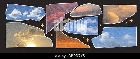 Set collage Sky fotocopie. Nuvole di carta strappate e tramonto con punti mezzitoni ed effetto venatura retrò. Design pop art vettoriale Illustrazione Vettoriale