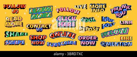 Adesivi "Call to Action". Testo moderno in stile retrò alla moda. Estetica Y2K. Etichette di azione per i social network. Illustrazione Vettoriale