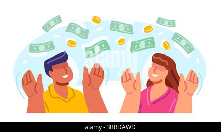 Le persone felici si avvicinano alla caduta dei soldi. Libertà finanziaria e successo aziendale. Investimenti di successo, ricompensa monetaria Illustrazione Vettoriale