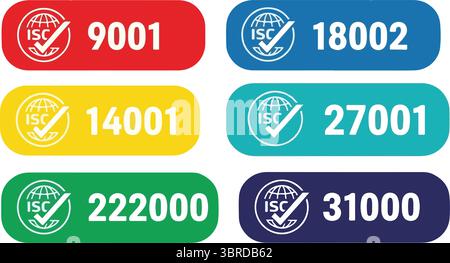 Set di International Organization for Standardization stamp 27001, 22000, 18001, 9001, 14001. Set di standard ISO più diffusi. Firma del sistema di gestione. Illustrazione Vettoriale