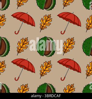 Motivo autunnale vettoriale senza cuciture con ombrelli rossi, frutti di castagno e foglie di quercia su sfondo beige, perfetto per i design autunnali. Illustrazione Vettoriale