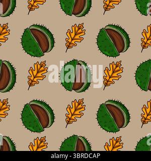 Motivo vettoriale senza cuciture di castagne autunnali e foglie di quercia, un'affascinante illustrazione con verdi vivaci, marroni e arance, perfetto per la stagione Illustrazione Vettoriale