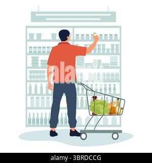 Uomo che fa acquisti al supermercato che sceglie un prodotto con un carrello pieno di generi alimentari visto dal vettore posteriore Illustrazione Vettoriale