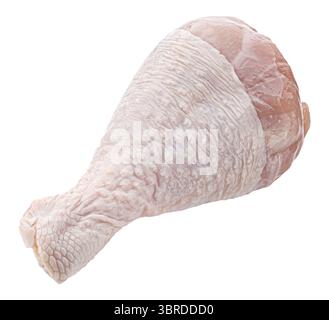 Una bacchetta di pollo crudo isolata su sfondo bianco, profondità di campo completa Foto Stock