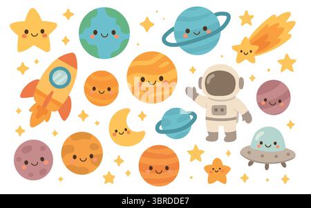 Pianeti sorridenti, stelle, razzi, astronauti e UFO si riuniscono in un divertente cartone animato spaziale perfetto per i bambini, l'educazione al sistema solare o l'arte a tema scientifico Illustrazione Vettoriale