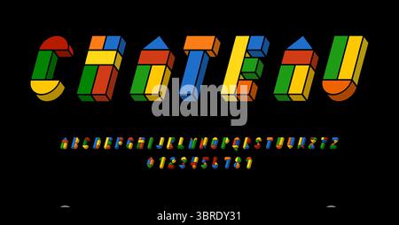 Set di caratteri alfabetici lettere e numeri di carattere moderno design astratto con forme geometriche con illustrazione vettoriale del concetto 3D. Illustrazione Vettoriale