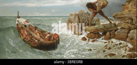 La formazione originale di Böcklin come paesaggista risplende in questa interpretazione non convenzionale di un episodio dell'antico poema epico greco l'Odissea. Le onde che si infrangono incontrano rocce frastagliate in uno spruzzo di schiuma. Scappando dall'isola dei Ciclopi, giganti maltemperati e con un occhio solo, l'eroe Ulisse richiama sulla riva, scherzando il Ciclope Polifemo, Foto Stock