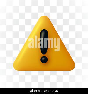 Icona 3d triangolo di avvertenza pericolo giallo. Avviso, attenzione o notifica di emergenza. Segnale di notifica pericolo isolato su sfondo trasparente. Illustrazione vettoriale Illustrazione Vettoriale