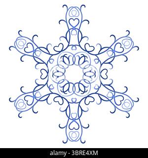Mandala blu ornato. Linee intrecciate curve. Ornamento etnico rotondo invernale. Elemento di design caleidoscopio di lusso. Decorazioni natalizie. Vettore fiocco di neve non valido Illustrazione Vettoriale