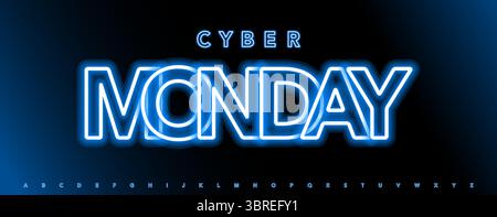Alfabeto al neon blu, lettere con contorno luminoso, font luminoso per banner promozionali, sconti Cyber Monday, pulsante digitale, titolo negozio, titolo marketing Illustrazione Vettoriale