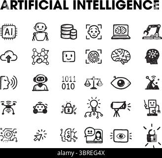 Icone per l'intelligenza artificiale, tra cui droni, satelliti e auto autonome Illustrazione Vettoriale