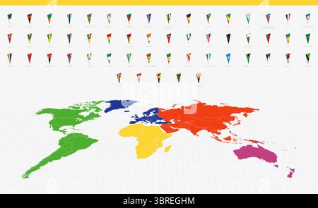Bandiere pennant dei paesi africani su una colorata mappa del mondo. Una vivace collezione di bandiere pennant triangolari. Illustrazione Vettoriale