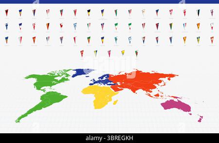 Bandiere pennant dei paesi europei su una colorata mappa del mondo. Una vivace collezione di bandiere pennant triangolari. Illustrazione Vettoriale