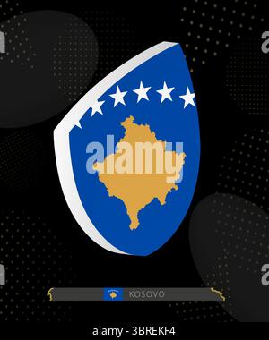 Icona Kosovo Flag Shield in 3D su sfondo di Rugby astratto moderno scuro. Perfetto per eventi sportivi, temi storici, feste nazionali e patrioti Illustrazione Vettoriale