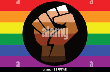 QPOC Pride Flag – bandiera Queer People of Color con strisce arcobaleno, emblema a pugno rialzato; solidarité simbolo di intersezionalità LGBTQIA+ Illustrazione Vettoriale
