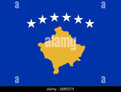 Bandiera ufficiale del Kosovo, campo blu con mappa dorata e sei stelle bianche, simbolo nazionale, illustrazione vettoriale su sfondo bianco Illustrazione Vettoriale