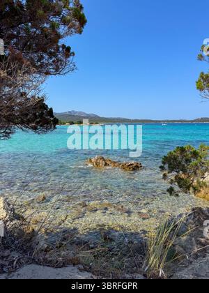 Idilliaco scenario di spiaggia caratterizzato da acque azzurre cristalline e da una costa rocciosa incorniciata da lussureggiante vegetazione. Un ambiente perfetto per rilassarsi e fuggire Foto Stock