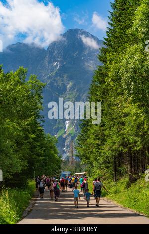 Persone che camminano lungo il sentiero per Morskie Oko nel Parco Nazionale Tatra nel sud della Polonia Foto Stock