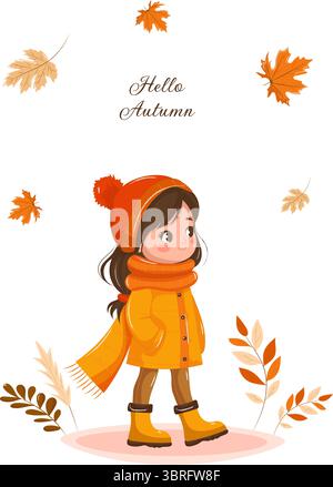 Modello di biglietto di auguri Hello Autumn con una ragazza carina in giacca arancione, stivali, cappello e sciarpa lunga circondata da foglie di acero e quercia cadenti. Illustrazione vettoriale su sfondo bianco, tema bambini. Illustrazione Vettoriale