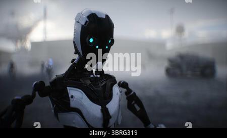 Futuristica base militare con robot e nave aerea. rendering 3d. Foto Stock