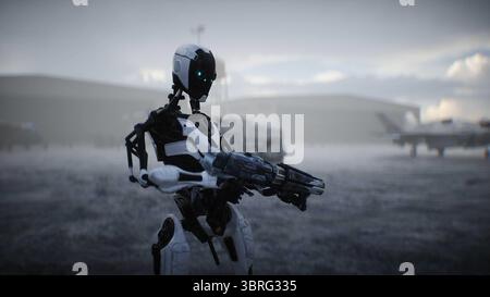 Futuristica base militare con robot e nave aerea. rendering 3d. Foto Stock