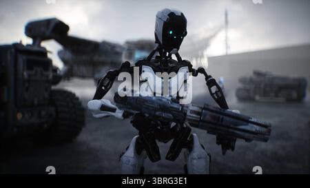 Futuristica base militare con robot e nave aerea. rendering 3d. Foto Stock