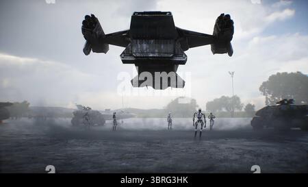 Futuristica base militare con robot e nave aerea. rendering 3d. Foto Stock
