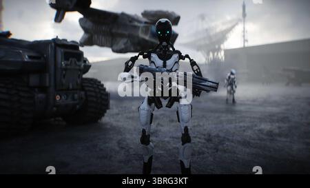 Futuristica base militare con robot e nave aerea. rendering 3d. Foto Stock