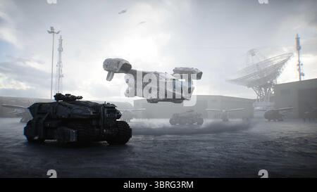 Futuristica base militare con robot e nave aerea. rendering 3d. Foto Stock