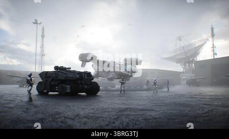 Futuristica base militare con robot e nave aerea. rendering 3d. Foto Stock