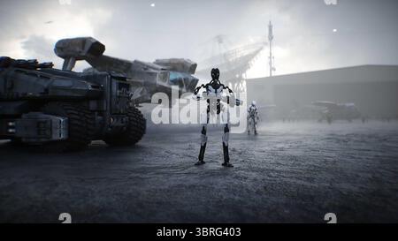 Futuristica base militare con robot e nave aerea. rendering 3d. Foto Stock