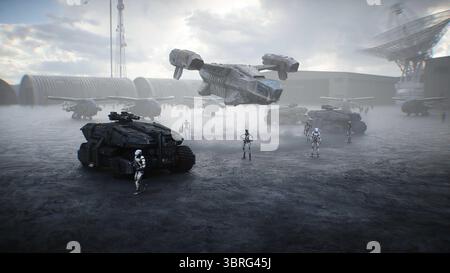 Futuristica base militare con robot e nave aerea. rendering 3d. Foto Stock