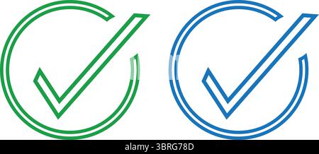 Simboli di spunta circolare a doppio colore in blu e verde per il vettore di conferma dell'interfaccia UX dell'interfaccia utente Illustrazione Vettoriale