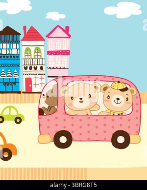 Orsacchiotto alla guida di un'auto rosa, sfondo carino, illustrazione per bambini Illustrazione Vettoriale