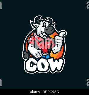 design con logo della mascotte di mucca con un moderno stile di illustrazione per la stampa di badge, emblemi e t shirt. illustrazione della mucca intelligente. Illustrazione Vettoriale