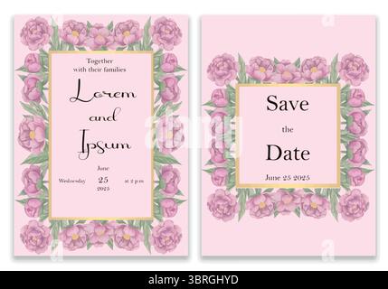 Elegante invito al matrimonio con cornice dorata e floreale. Carte di sfondo rosa decorate con fiori e foglie rosa. Illustrazione Vettoriale