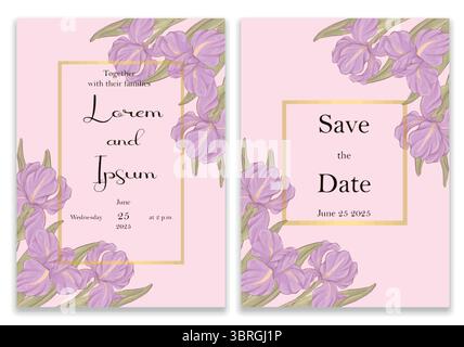 Elegante invito al matrimonio con cornice dorata e floreale. Carte di sfondo rosa decorate con fiori e foglie rosa. Illustrazione Vettoriale