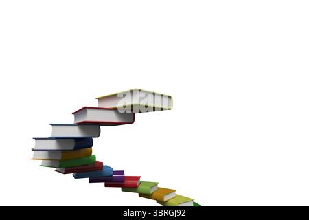 Libri in copertina rigida galleggianti che formano una pila arcobaleno a spirale su sfondo bianco, design piatto, spazio di copia Foto Stock