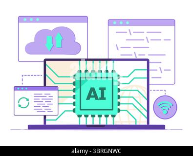 Elaborazione microchip di computer laptop tramite intelligenza artificiale CPU Program System per il concetto di intelligenza artificiale, cloud computing, codifica e tecnologia wireless Illustrazione Vettoriale